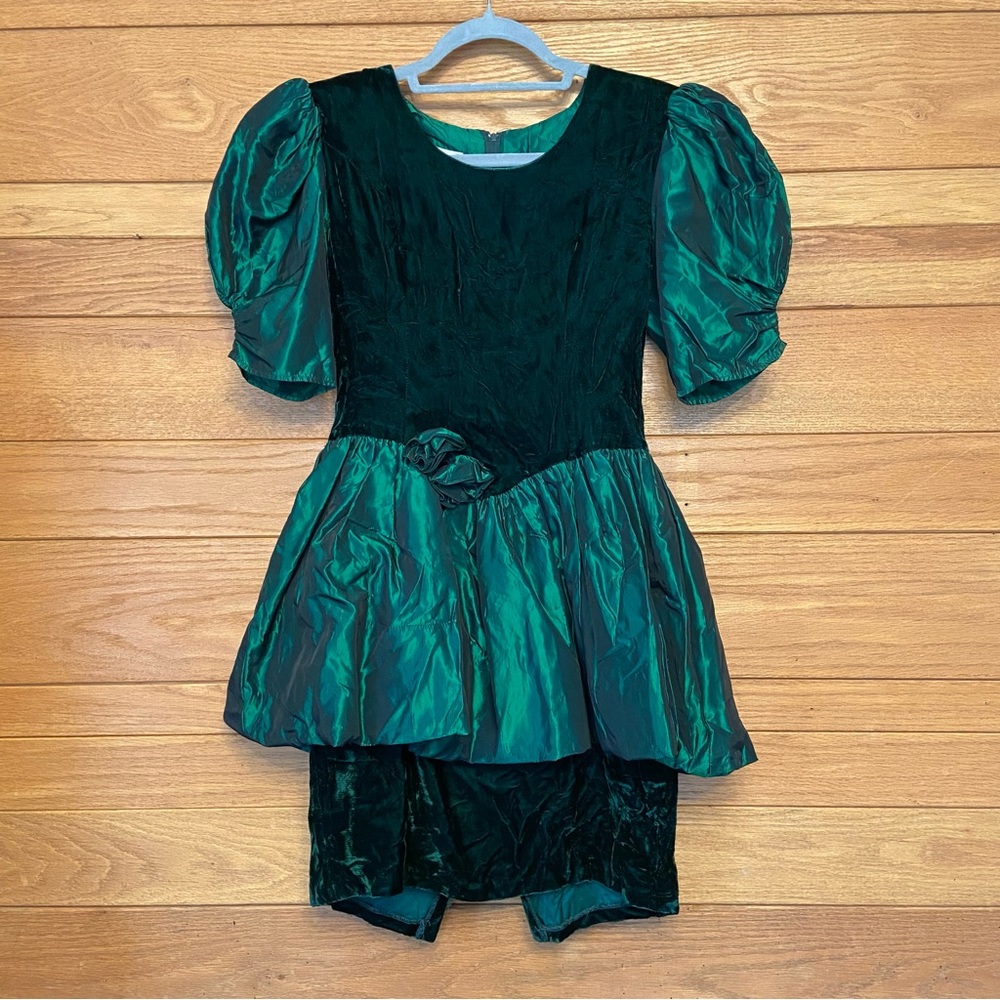 Gunne Sax vintage 80s green velvet mini puff sleeve prom dress